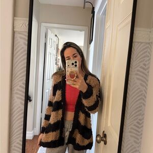Free people Black and Tan Striped Fuzzy Cardigan